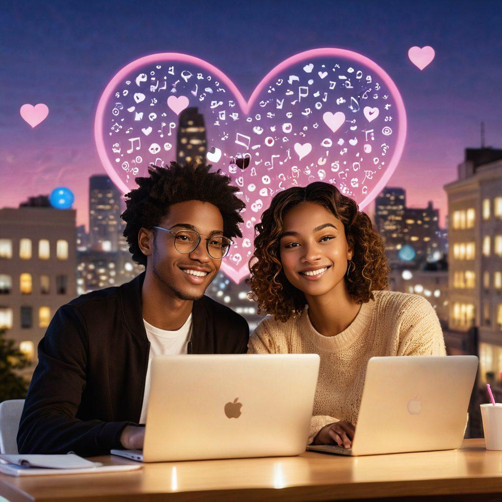 A romantic scene of two people video chatting on a laptop, surrounded by heart-shaped emojis and digital symbols of love, like chat bubbles and musical notes. The background features a soft, dreamy cityscape with twinkling lights, symbolizing the digital connection. Warm colors to evoke feelings of love and excitement. super-realistic. vibrant colors.