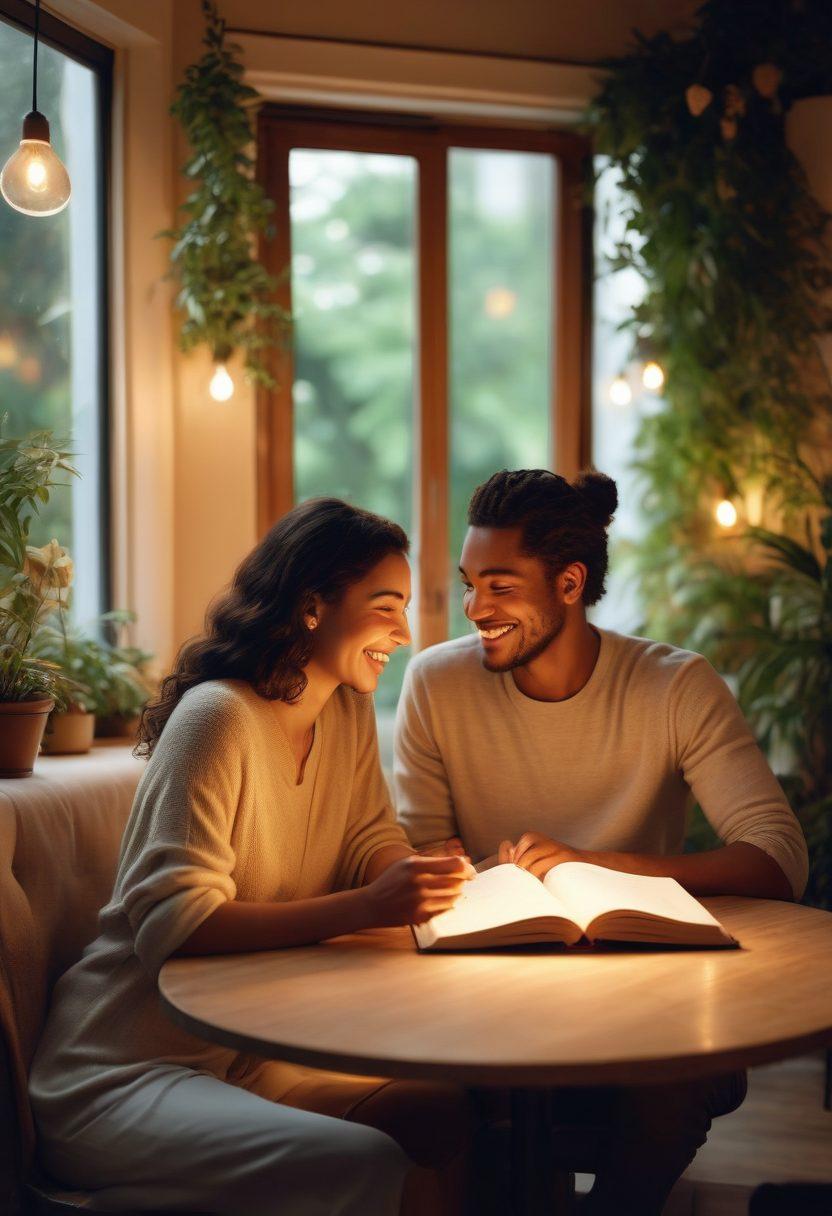 A warm and inviting scene of diverse couples enjoying quality time together in a cozy café, surrounded by soft lighting and greenery. In the background, a single person is smiling while reading a relationship book, embodying self-discovery and personal growth. The atmosphere radiates love, connection, and joy, with heart shapes subtly integrated into the décor. super-realistic. warm tones. cozy ambiance.